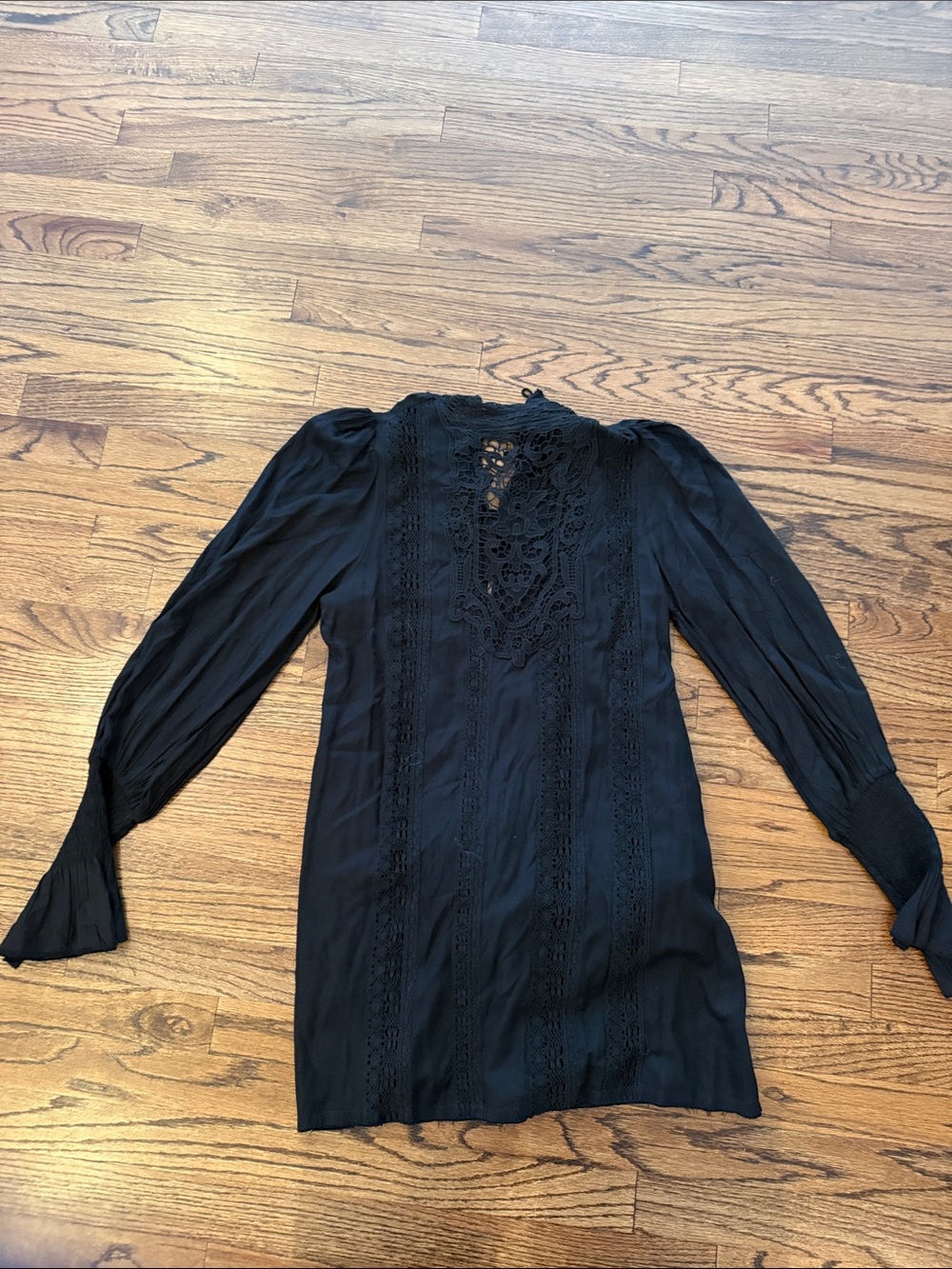 Free People Black Lace-Front Long Sleeve Tunic Dress
